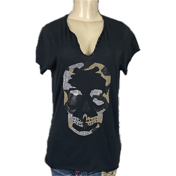 Zadig & Voltaire L Black Skull Metallic Camo Split Neck Cotton Short Sleeve Tee - Picture 2 of 6